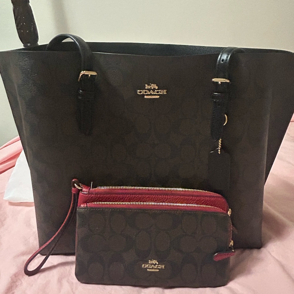 Coach Dark Brown and Red Tote Bag Set